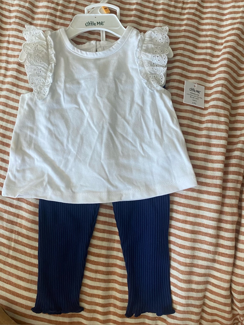 Little Me two piece set White Eyelet Flutter Sleeve Tee blue ribbed leggings 12m